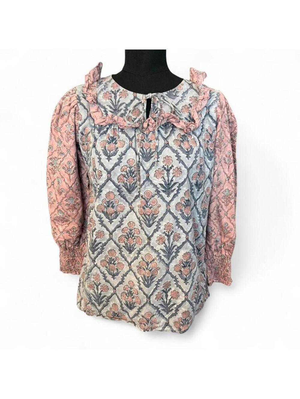 Victoria Dunn Floral Thistle Print Cotton Ruffle Blouse Size: XS